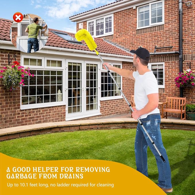 Gutter Cleaning Brush Extendable Guard Cleaner Tool with 8 Pcs Telescoping Handle Extension Pole 10ft, Gutter Cleaning Tools from The Ground for Easy Removing Leaves Debris Window Cleaner (Yellow)