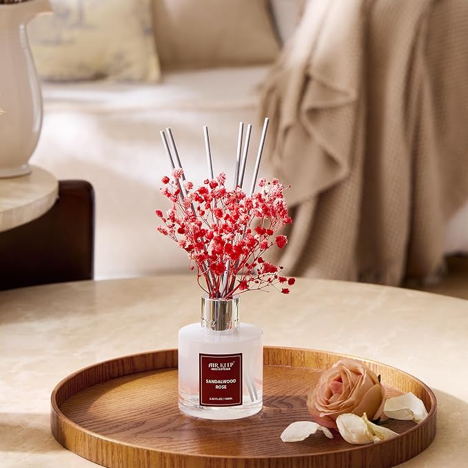 Reed Diffuser Set,3.38 fl oz (100 ml) - Sandalwood Rose Oil Diffusers with 8 Reed Sticks,Home Fragrance Reed Diffuser for Bathroom Shelf Decor