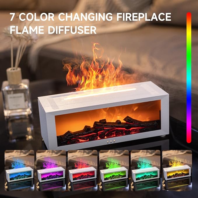 TMEHM Fireplace Flame Essential Oil Diffuser Humidifier, Aromatherapy | Ultrasonic Mist with 7 Colors and Timer for Home, Bedroom, Office, and Yoga