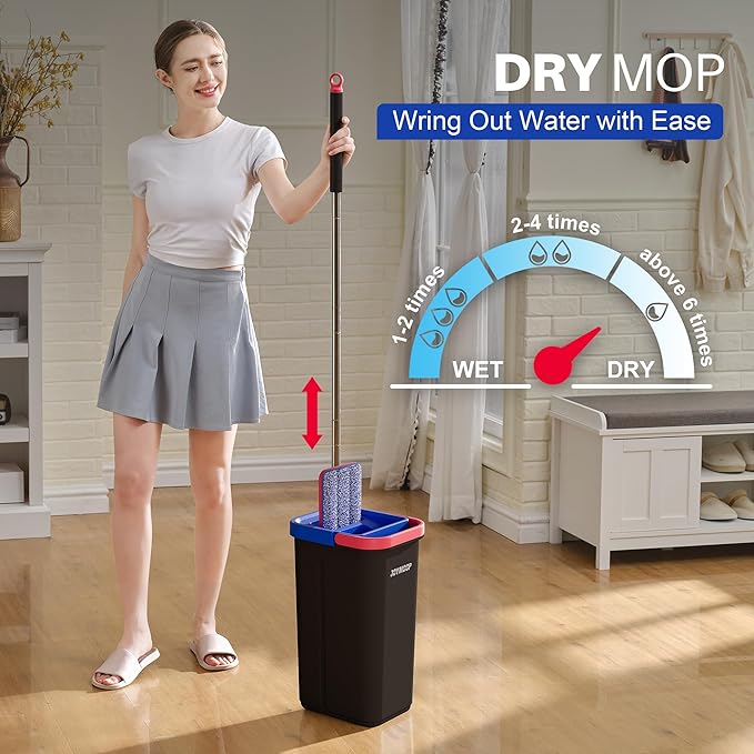 JOYMOOP Flat Mop System, Microfiber Mop and Bucket Set, Black, Household & Commercial Floor Cleaning System for Hardwood, Tile & Glass, Wet Dry Use, 60" Handle, 3 Pads