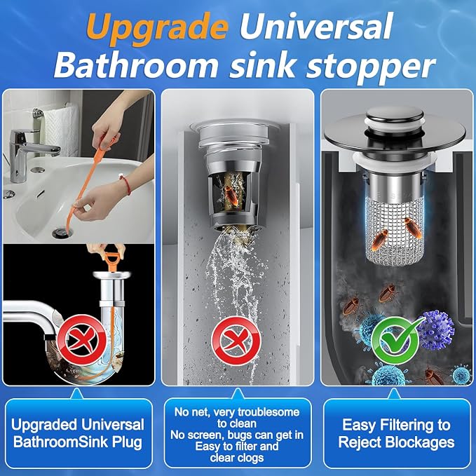 Bathroom Sink Drain Strainer,(2PCS) Pop-up Sink Drain Strainer with Removable Stainless Steel Strainer Basket Hair Catcher, Bathroom Sink Strainer for Bathroom Sink Stopper Replacement