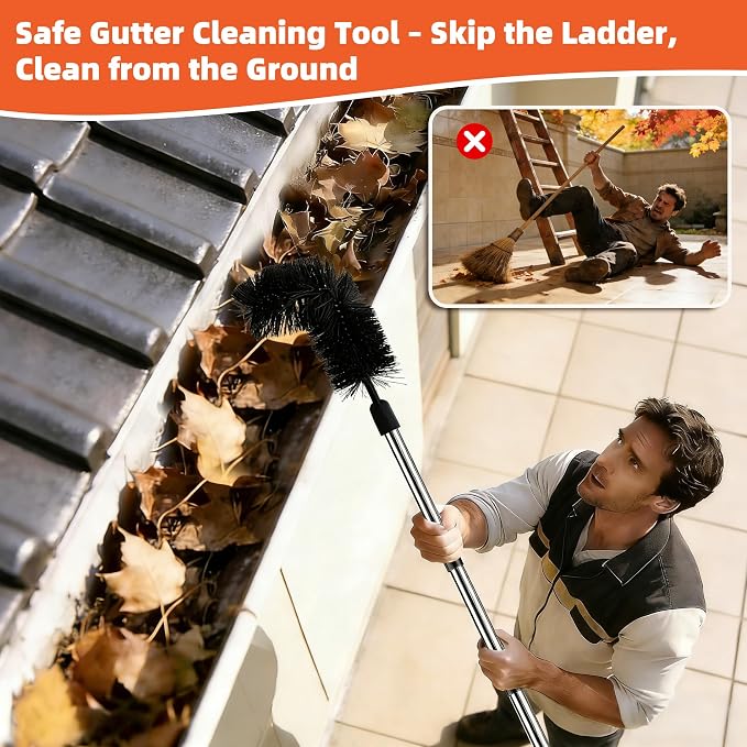 10.5 FT Gutter Cleaning Tools from The Ground with 2Pcs Nylon Brush Stainless Steel Telescopic Pole Adjustable Gutter Cleaner Tools No Ladder Needed for Easy Remove Branches Leaves