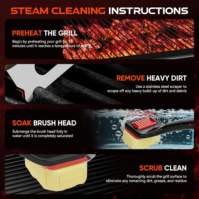 Bristle Free Grill Brush with Scraper, Safe Steam Clean BBQ Grill Cleaner, Long Handle Replaceable Head Grill Cleaning Brush for Outdoor Grill