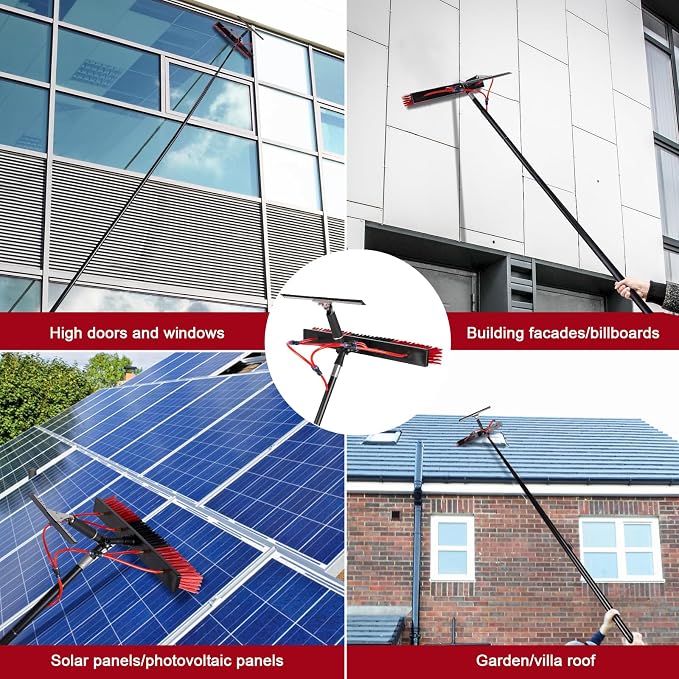 26ft Long Reach Solar Panel Cleaning Kit - Aluminum Extendable Water Fed Pole, 22in Wide Brush & Squeegee, Bendable Dusting Brush - Outdoor Window Washing Equipment Tool