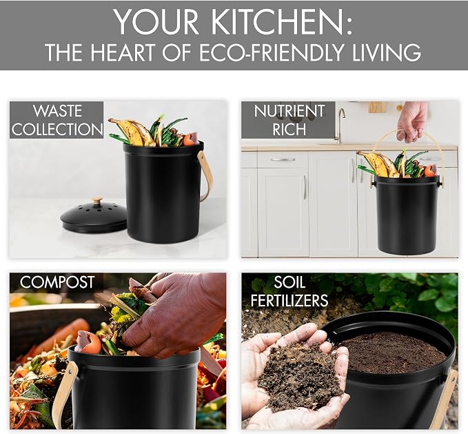 Beautiful Kitchen Compost Bin with Smell Proof Lid - Rust Proof and Odorless Compost Bucket for Your Countertop with No Smell Filters - Easy to Clean 1.1 Gallon Bin Looks Great On Any Kitchen Counter
