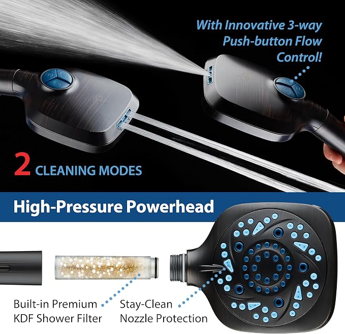 AquaCare 82-Mode High Pressure 6-way Combo with Filter & 2-mode Power Wash | Filters Chlorine & Toxins, Softens Hard Water for Healthy Skin & Hair. Handheld Shower Head Cleans Tub, Tile & Pets / Bronze