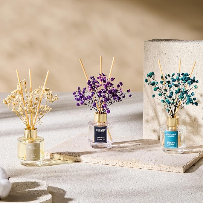 Reed Diffuser Set of 3,Clean Linen Ocean Mist&Sea Salt Lavender Eucalyptus Oil Reed Diffusers for Bedroom Living Room Office Aromatherapy Oil Reed Diffuser for Gift 50ml x 3