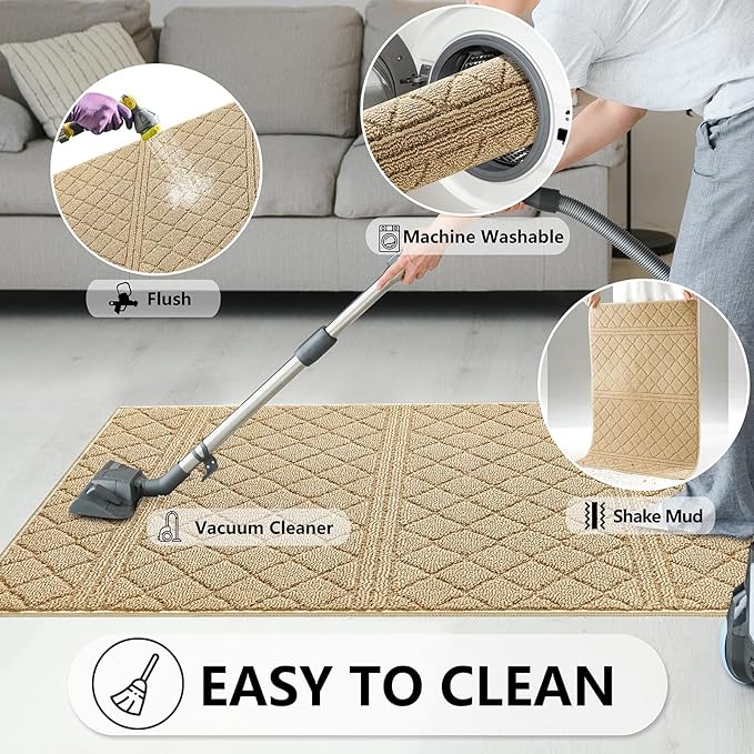 REFETONE Indoor Doormat, Front Back Door Mat 32"x40" Absorbent Rubber Backing Non Slip Door Mats, Low-Profile Resist Dirt Entrance Rugs, Machine Washable Door Rug Inside Floor Mat for Entryway, Beige