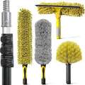 5-in-1 4-12Ft 4-Stage Telescoping Extension Pole Kit for Cleaning | Feather Dusters with Bristles for Outdoor Indoor, 4-Stage Spider Web Remover with Telescopic Pole for Ceiling Wall Yellow
