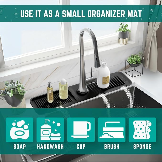 18x5.5 Inch Silicone Faucet Mat for Kitchen Sink - Kitchen Sink Splash Guard with FREE Rubber Drain Insert, Faucet Guard Draining Mat & Sink Water Splash Guard (Black)