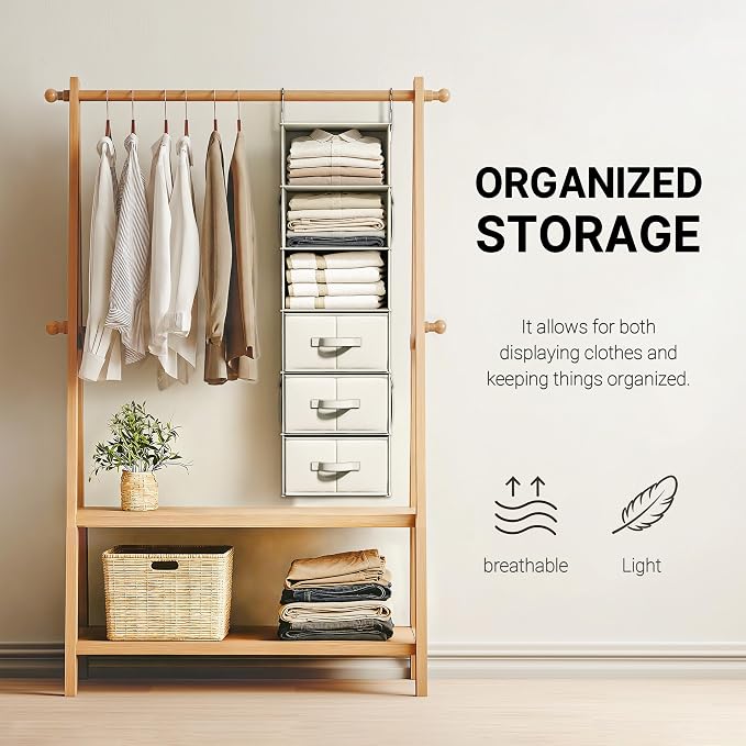 Vailando 6-Shelf Hanging Closet Organizer with 3 Fabric Drawers, Beige | Removable Fabric Drawers, Side Pockets, Reinforced Structure, Space-Saving Storage for Clothes, Nursery and Dorm Rooms