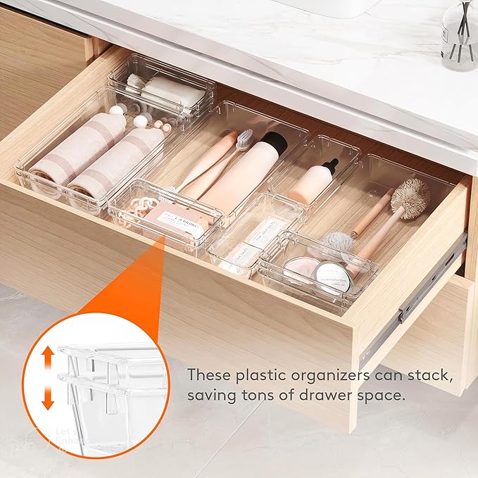 6 Pack Large Clear Plastic Drawer Organizer Trays – Non-Slip Storage Bins for Kitchen Utensils, Makeup, Jewelry, Bathroom, and Office Desk – Multi-Use Plastic Drawer Dividers for Home Organization