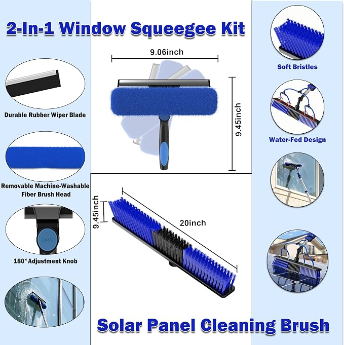 30FT Reach Solar Panel Cleaning Brush Kit with 5-24FT Telescoping Pole, 40FT Hose, 20" Water Fed Brush, Soap Dispenser, Cobweb Duster, Squeegee & High Ceiling Duster for Roof, RV, Gutter, Boat, Deck
