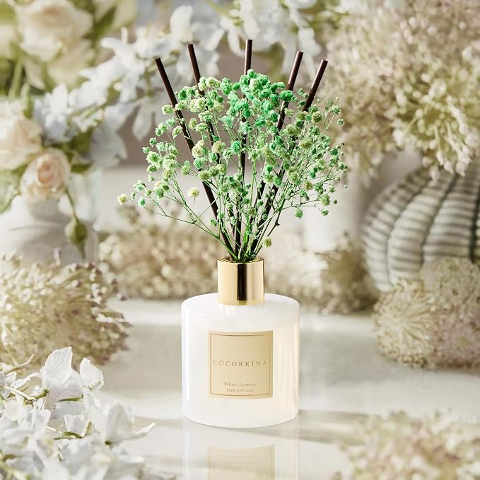 Reed Diffuser - White Jasmine 6.7 Fl.oz Reed Diffuser Set with Sticks & Preserved Baby's Breath, Reed Diffuser for Home Bathroom Shelf Decor