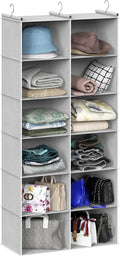 Simple Houseware 6 Shelf Double-Wide Hanging Closet Organizer, Gray | 12 Large Cubbies, 3 Metal Hooks, triple-rod framework