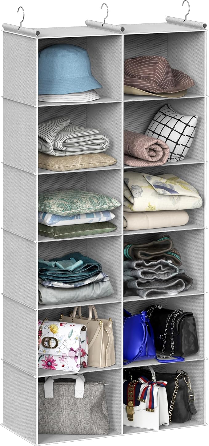 Simple Houseware 6 Shelf Double-Wide Hanging Closet Organizer, Gray | 12 Large Cubbies, 3 Metal Hooks, triple-rod framework
