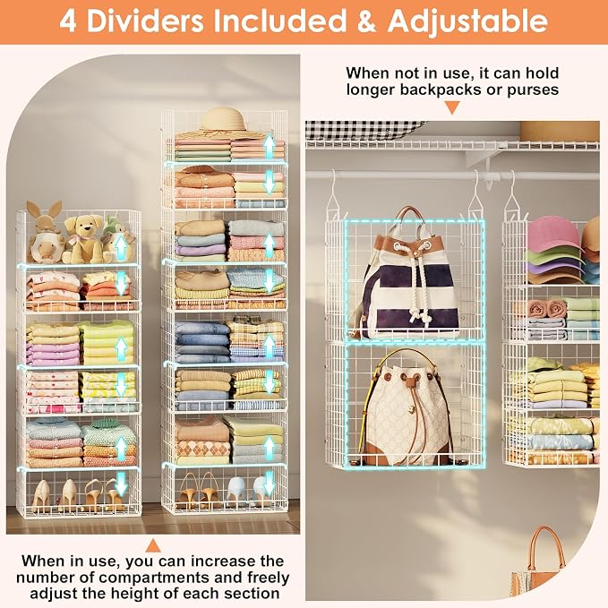 Yuyetuyo Stackable Hanging Closet Organizer, 8 Tier Wire Storage Shelves | Adjustable Detachable Foldable Heavy Duty