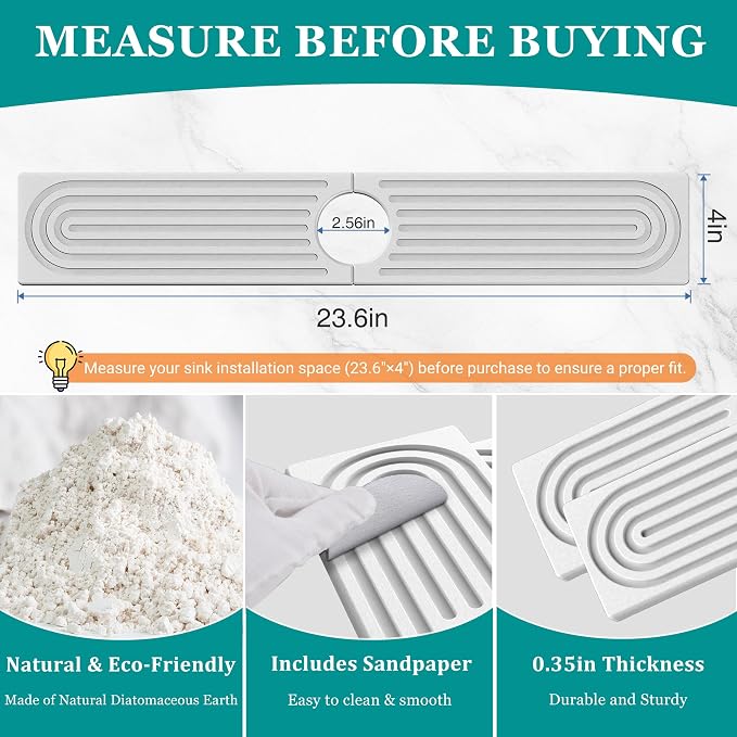 Stone Faucet Mat for Kitchen Sink - Quick Dry Diatomite Sink Splash Guard, Prevents Moisture Buildup & Water Stains, Water Absorbing Stone Tray for Bathroom Countertop (White, 23.6" x 4")