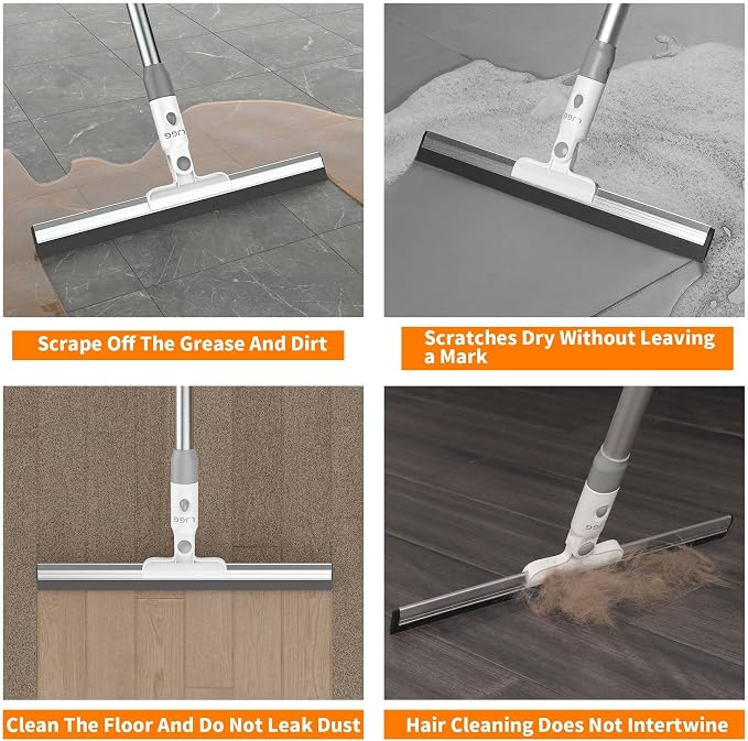 Floor Squeegee with 13.8" Silicone Blade and 52" Aluminum Handle, Water Squeegee Broom for Bathroom, Shower, Tile, Garage, Deck and Window Cleaning – LJGG (Gray/White)