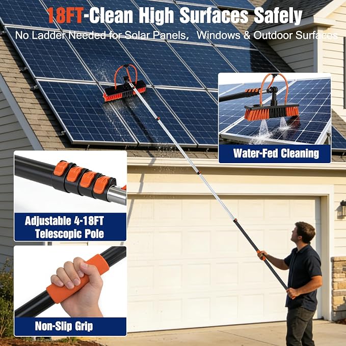 Up to 24FT Reach Water Fed Pole Window Cleaning System, 18FT Telescopic Pole with 180° Rotating Brush & Soap Dispenser, Solar Panel Cleaning Kit for Windows, Gutters & RV