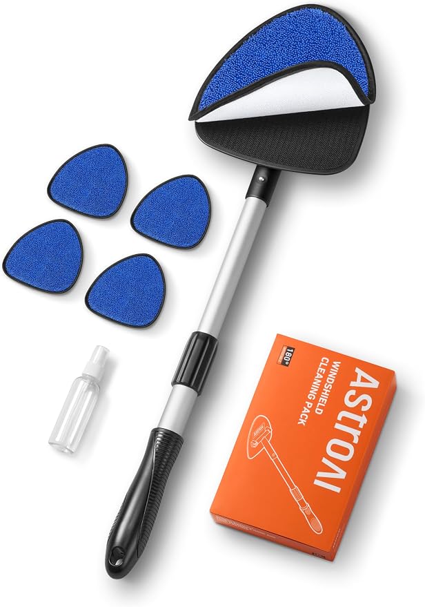 AstroAI 4pcs Windshield Cleaner Tool for Effortless Installation | Extendable Handle, 4 Reusable Microfiber Pads, Streak-free & Lint-free, Auto Glass Wiper Brush for Car & Home, Blue