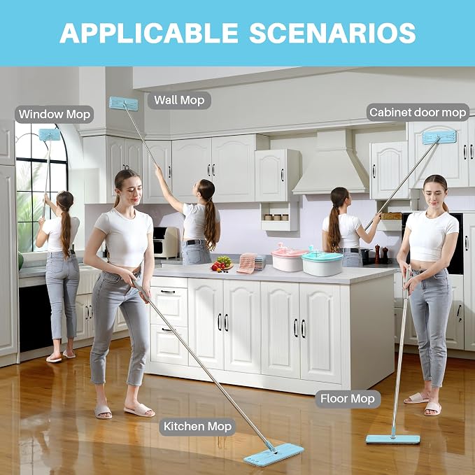 JOYMOOP Flat Mop System, Microfiber Floor Cleaning Tool, 50" Handle with 13" Flat Head, Pale Aqua, Includes Washable Microfiber Pad