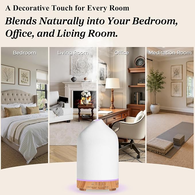 URPOWER 300mL Ceramic Essential Oil Diffuser Aromatherapy Diffuser for Home | Up to 10 Hrs High/Low Mist Settings Quiet Diffuser Humidifiers Ideal for Bedroom Living Room Office Scent Diffusion & Decor