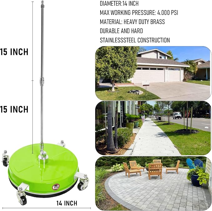 14" Pressure Washer Surface Cleaner with 4 Wheels, Coated Green Stainless Steel Power Washer Surface Cleaner for Driveway Sidewalk Patio, 1/4" Quick Connector 2 Extension Wand, 4000 PSI