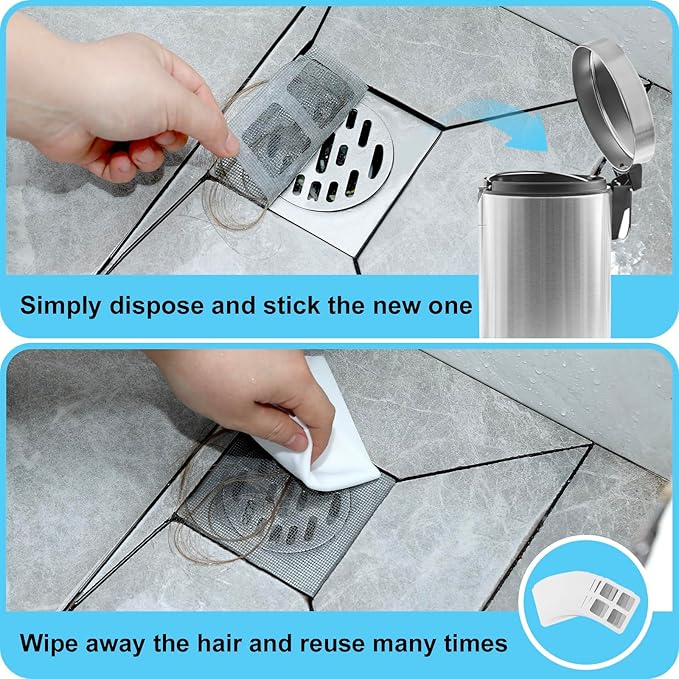 30 Pack Disposable Shower Drain Hair Catcher Mesh Stickers 4"x4" Strong Adhesive Mesh Covers for Bathroom, Kitchen & Laundry Waterproof Hair Trap Easy Apply & Remove
