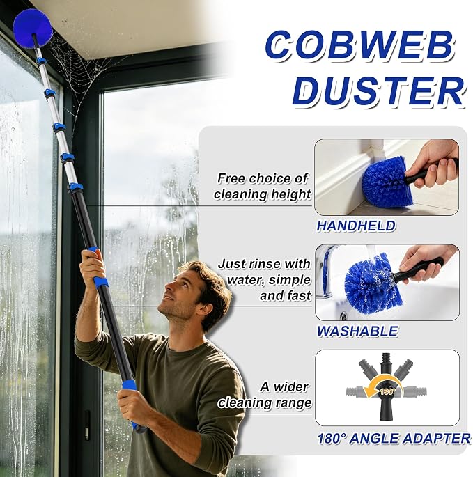 Buyplus 30FT Reach Solar Panel Cleaning Brush Kit with 5-24FT Telescoping Pole, Water Fed Window Cleaner Tool with 20" Brush, Soap Dispenser, Cobweb Duster, Squeegee for Roof, RV, Gutter, Deck,Blue