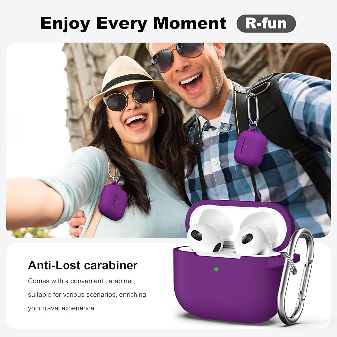 R-fun Compatible with AirPods 3 Case Cover, Silicone Protective Accessories Skin with Keychain Compatible with Apple AirPod 3rd Generation 2021 for Women Men Girls Boys,Front LED Visible,Plum