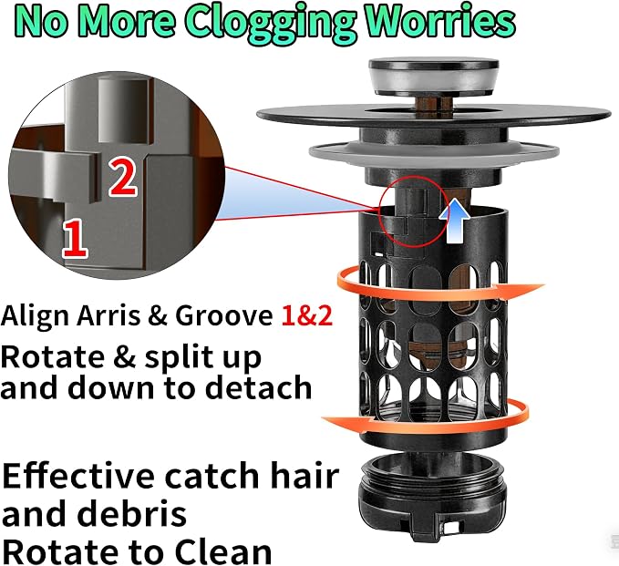 Sink Stopper Bathroom Drain,Universal Bathroom Sink Drain Strainer with Anti-Clogging Basket,Bathroom Sink Stopper Hair Catcher for 1.06"~1.61" Drain Hole
