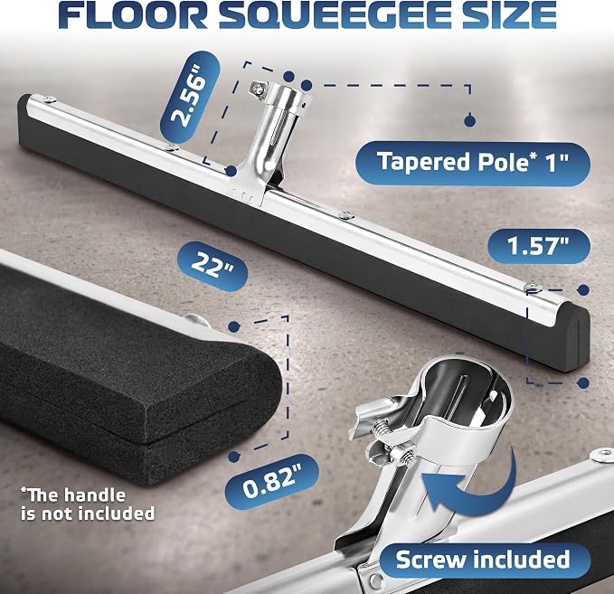 Uneven Surface Floor Squeegee 22’’, Double Foam Blade Garage Squeegee, Taper Pole Connection - Handle Sold Separately for Tiles, Concrete and Asphalt