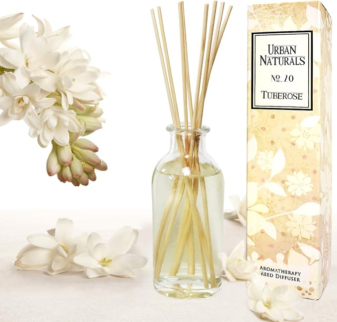 Reed Diffuser Set, Tuberose - Bathroom Shelf Décor | Exotic Tuberose and Fragrant Orange Blossom, Floral Room Freshener with Reeds, Vegan. Made in The USA