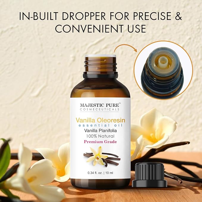 Majestic Pure Vanilla Essential Oil for Diffuser - 0.3 Fl Oz | 100% Natural Essentials Oils for Aromatherapy, Massage, Steam inhalation, Air Freshing, Soap and Candle Making