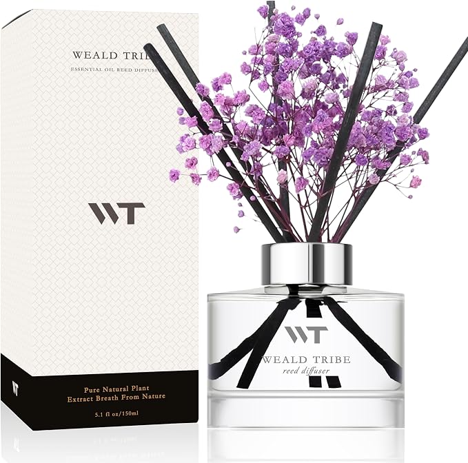 Flower Reed Diffuser Set Lavender Scent for Bathroom Accessories Shelf Decor & Air Fresheners, Sticks Defusers with 5.1 fl oz Essential Oils & Leaves, House Bedroom Office Decor & Gifts