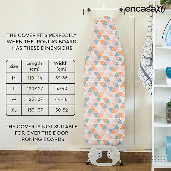 Encasa XO Ironing Board Cover and Pad - Thick 4mm Felt, Heat & Scorch-Resistant, Fits Wide Boards 49"x18", Elastic Bungee Cord Tightening, Easy Fit, Stain-Safe Dye, Triangles