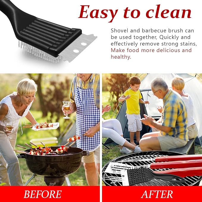 Chengu 2 Pcs 8 Inch BBQ Grill Brush for Outdoor Grill and Scraper Stainless Steel Wire Extra Strong Cleaner Heavy Duty Barbecue Cleaning Brush Cleaner