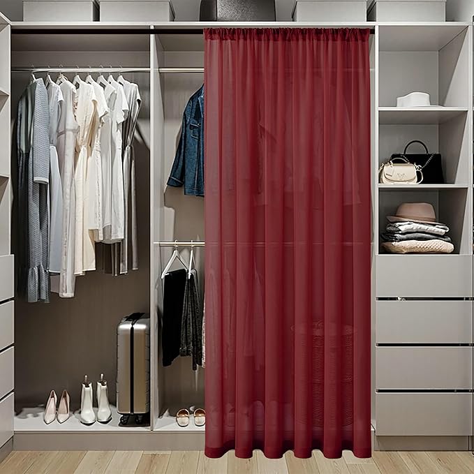 Tollpiz Small Sheer Door Curtain Closet Linen Textured Curtain Sheers Doorway Light Filtering Voile French Door Rod Pocket Curtains Patio Glass Door, 25 x 40 inches Long, Burgundy Red, Set of 1 Panel