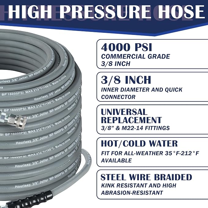 Hourleey Pressure Washer Hose 100FT, Kink Resistant High Tensile Wire Power Washer Hose, Rubber Wire Braided with 3/8" Quick Connect for Hot/Cold Water, 4000 PSI, Gray