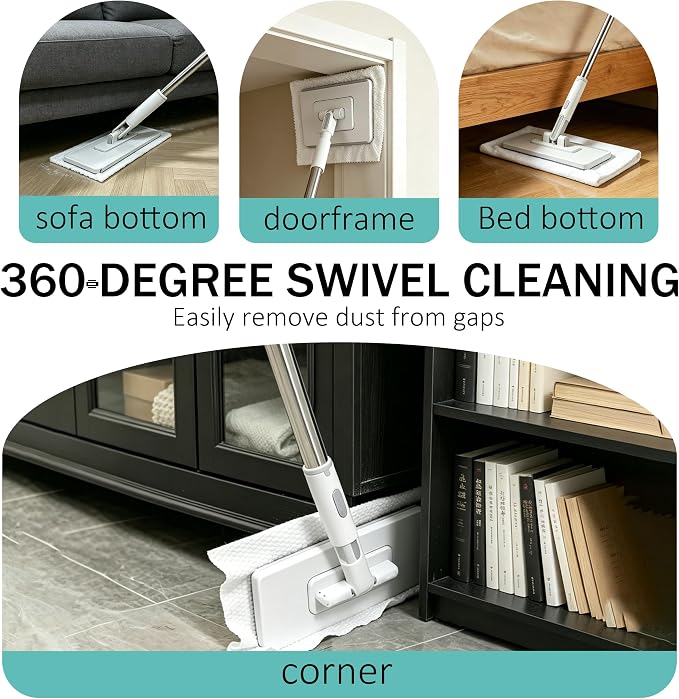 10.2x4.1x49.2 Hands Free Multipurpose Flat Mop, Zero Touch Snap Grip Mop, Auto Clamp & One-Click Release, Long Handle to Save Your Back, 360° Rotation Head, Dry Wet Use, Fits Any Cloth (Set A)