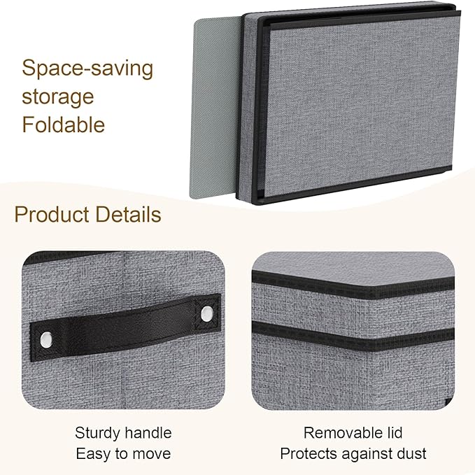 Clothing Storage Bins, Blanket Baskets for Shelves, Fabric Cubes with Handles and Lids, Decorative Linen Closet Organizers Boxes, Gray, 5 Pack, 16.5 x 11.8 x 10.2 Inch