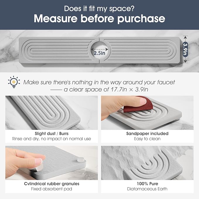 Quick Drying Stone Faucet Mat for Kitchen Sink - Diatomite Sink Mat Absorbing Stone Tray for Bathroom Counter, Sink Faucet Splash Guard Water Protector Matt for Kitchen Counter(Light Gray, 17.7"x3.9")