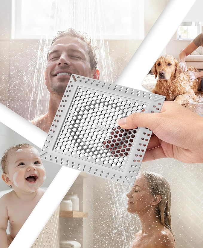 Square Shower Drain Hair Catcher, Flat Shower Drain Hair Catcher, Anti-Clogging Fast Drainage, Anti-Slip & Stays in Place, Easy Clean Fits Bathroom Hair Catcher for Shower (Gray, 4 inch)