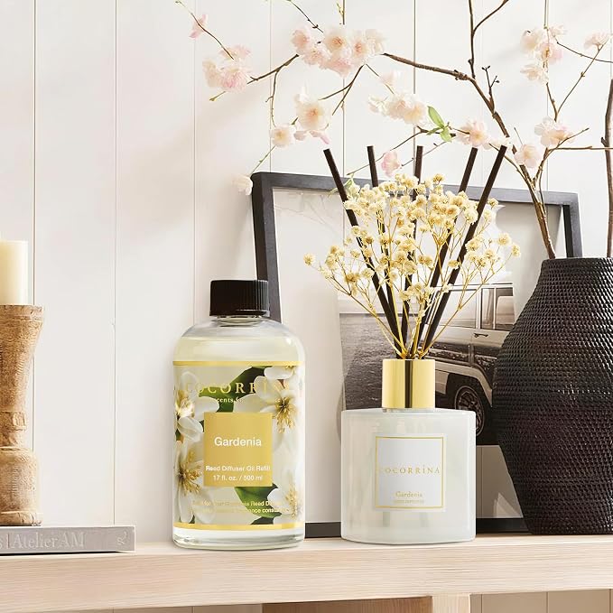 Reed Diffuser Refill Gardenia 17oz (500ml) with 8 Sticks - Premium Long-Lasting Scented Oil, Home Fragrance for Bedroom, Bathroom Home Decor