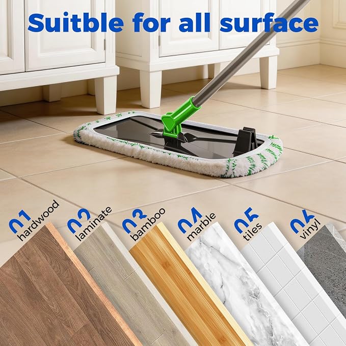 Masthome Microfiber Flat Mop,16" Head with 5 Washable Pads | 360°Rotating Wet Dry Mop, Adjustable Handle,Free Cleaning Scraper,Dust Mop for Hardwood Tile Laminate Floors