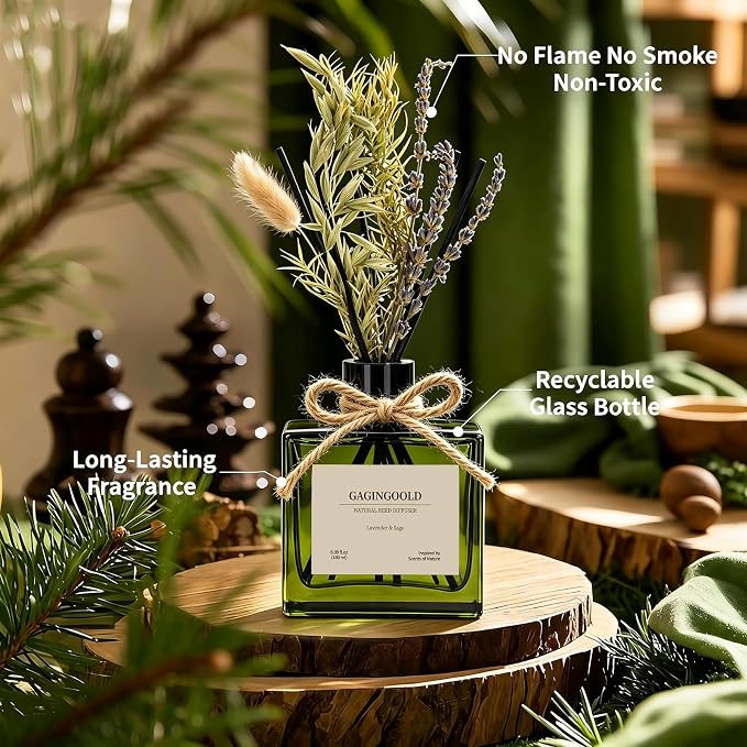 Reed Diffuser, 6.1 oz Lavender & Sage Scent Diffuser with Sticks & Dried Flowers, 120 Days Long Lasting diffusers for Home, Elegant Fragrance for Bathroom Bedroom Office Decor Air Fresh