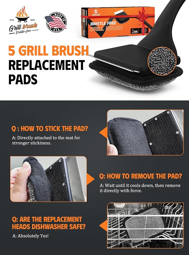 MEKER Grill Brush Bristle Replacement Pad, Ultra Safe Cleaning, Grill Cleaner Pad, Grill Brush Replacement Pad, 4 PCS