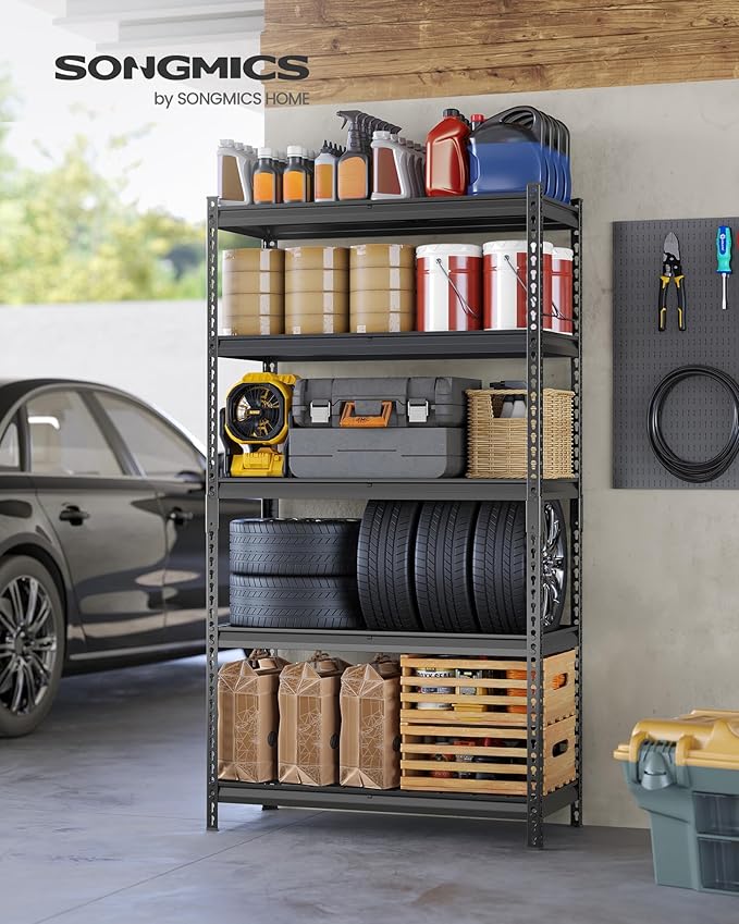 SONGMICS 5-Tier Storage Shelves, Heavy-Duty Garage Shelving, Adjustable Shelving Unit, Steel Shelf, Boltless Assembly, for Garage, 2,250 lb Load, 18 x 72 x 72 Inches, Ink Black UGLR453B02