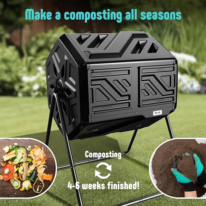 Werph 43 Gal Dual Chamber Compost Bin Tumbler for Backyard Garden, Black | Dual-chamber Design, 360° Rotating Tumbling, BPA-free Materials, Pre-assembled Parts, for Garden, Kitchen & Yard Waste